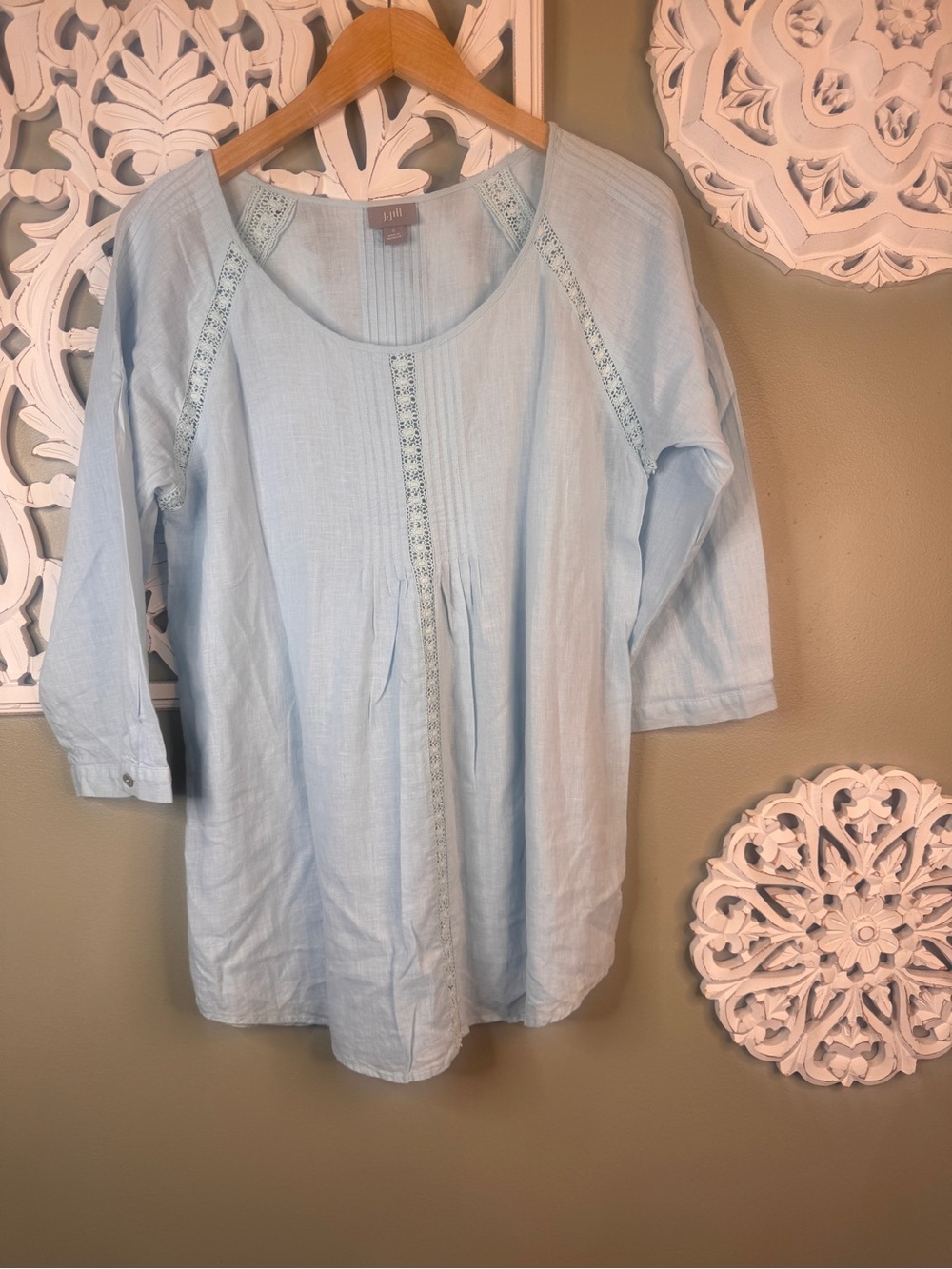 J Jill Linen Blend Light Blue Women's Peasant Blouse - Soft Scoop Neck Top Small
